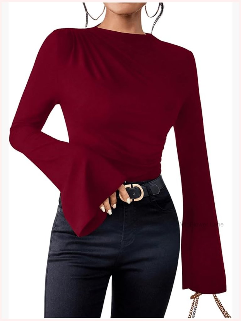 Bell Sleeve Turtleneck Ruched Long Sleeve Top Dressy Business Casual Blouse